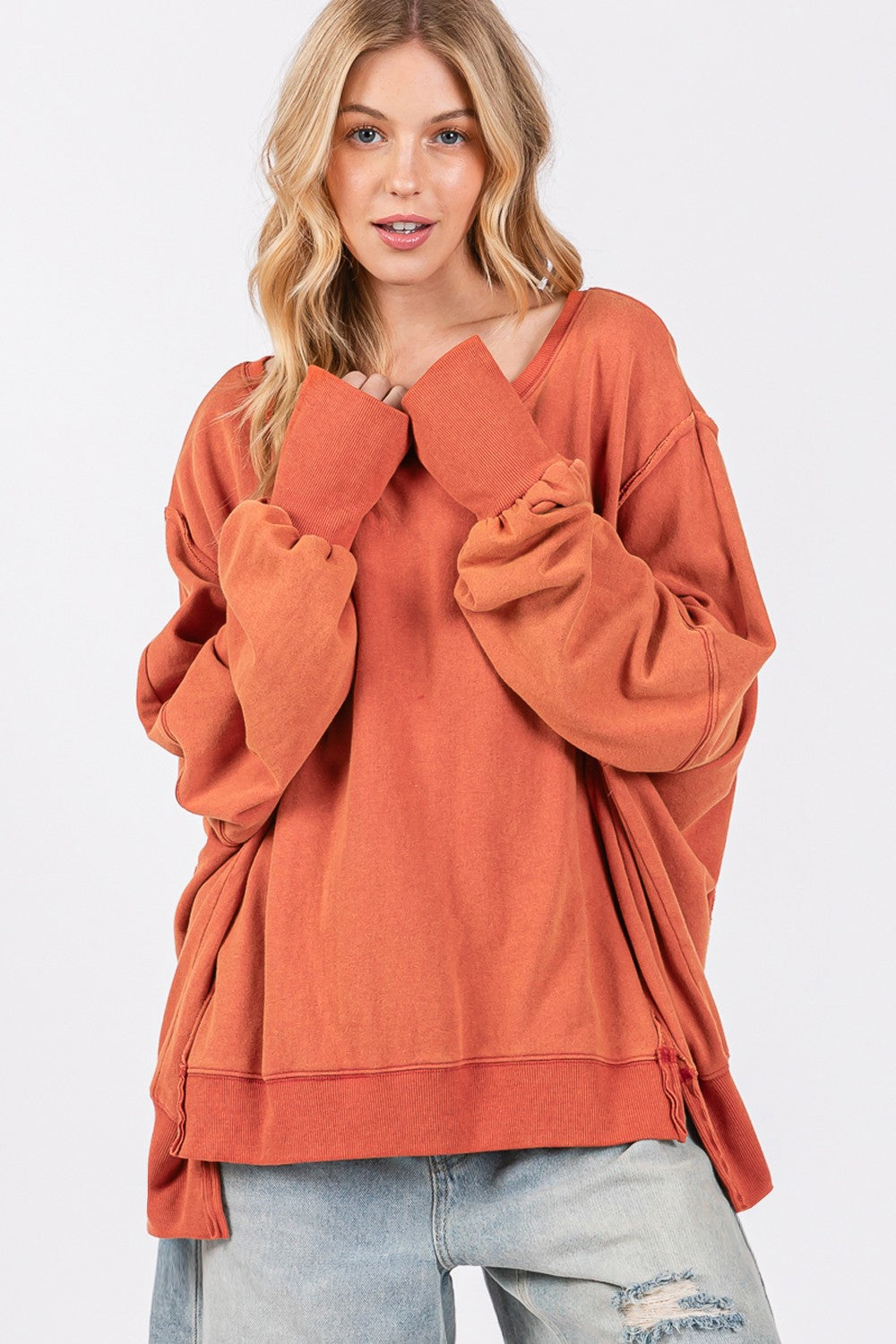 SAGE + FIG Mineral Wash Side Slit Oversized Sweatshirt