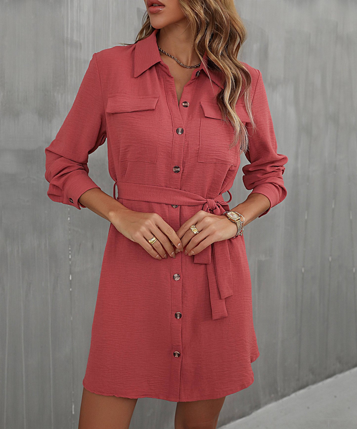 Perfee Button Down Belted Long Sleeve Shirt Dress