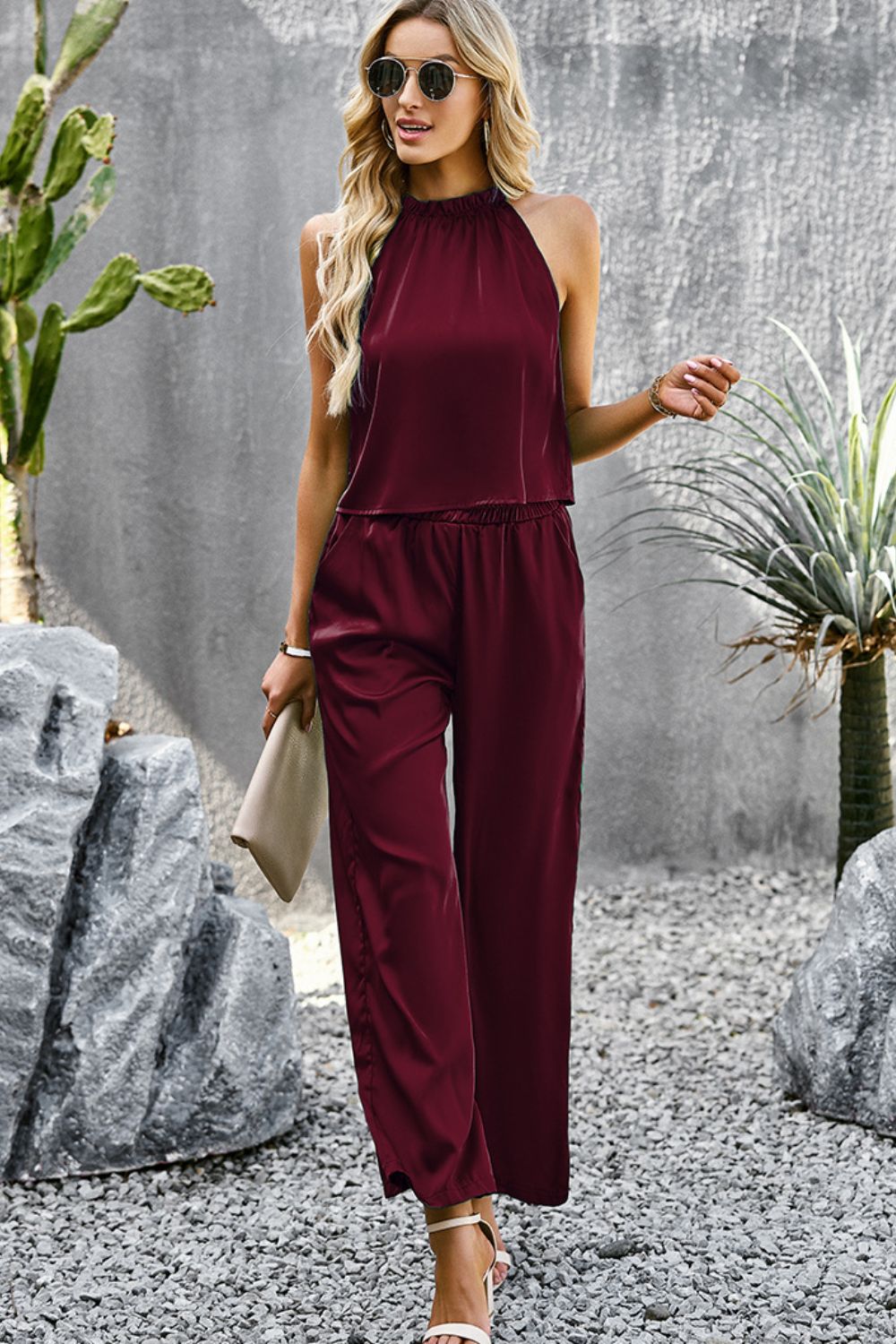 Devine Grecian Neck Sleeveless Pocketed Top and Pants Set