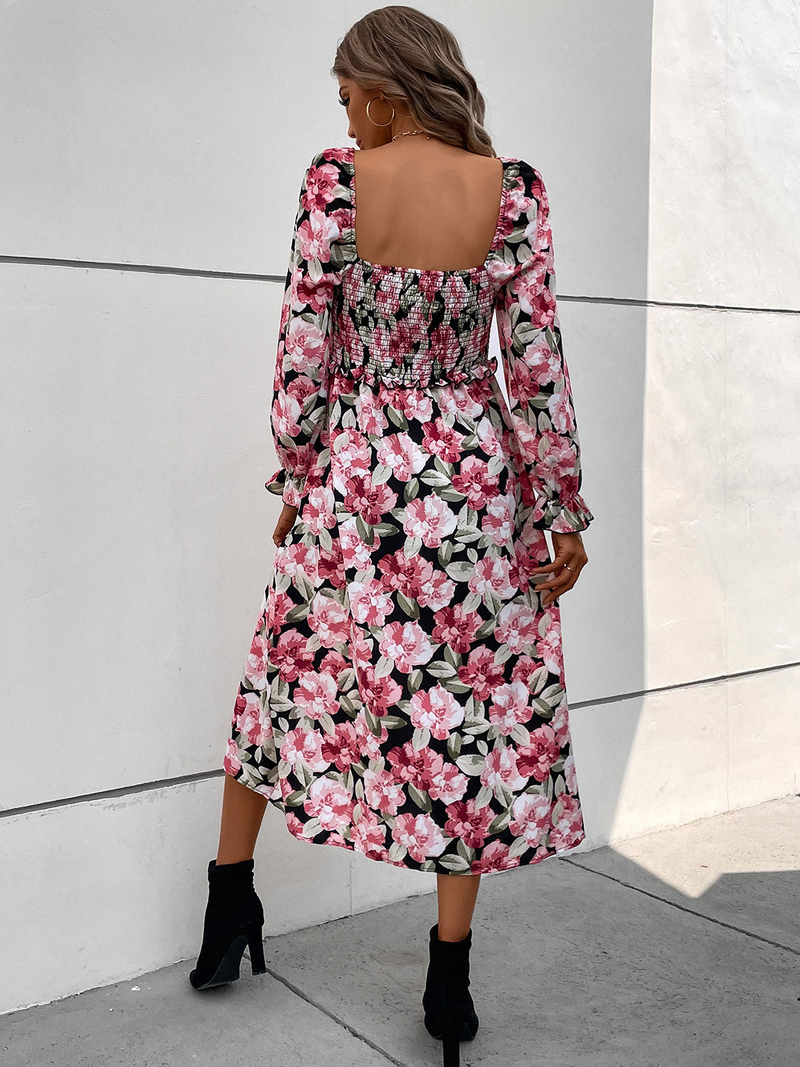 Perfee Slit Smocked Floral Flounce Sleeve Dress