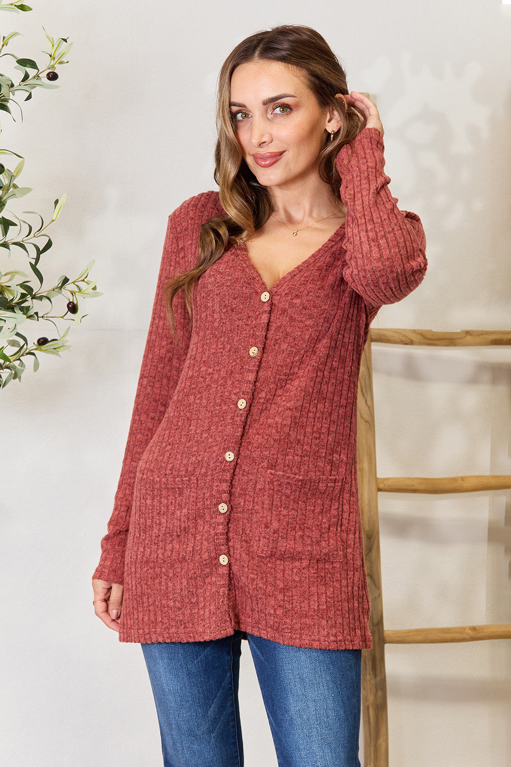 Ribbed Button-Up Cardigan with Pockets