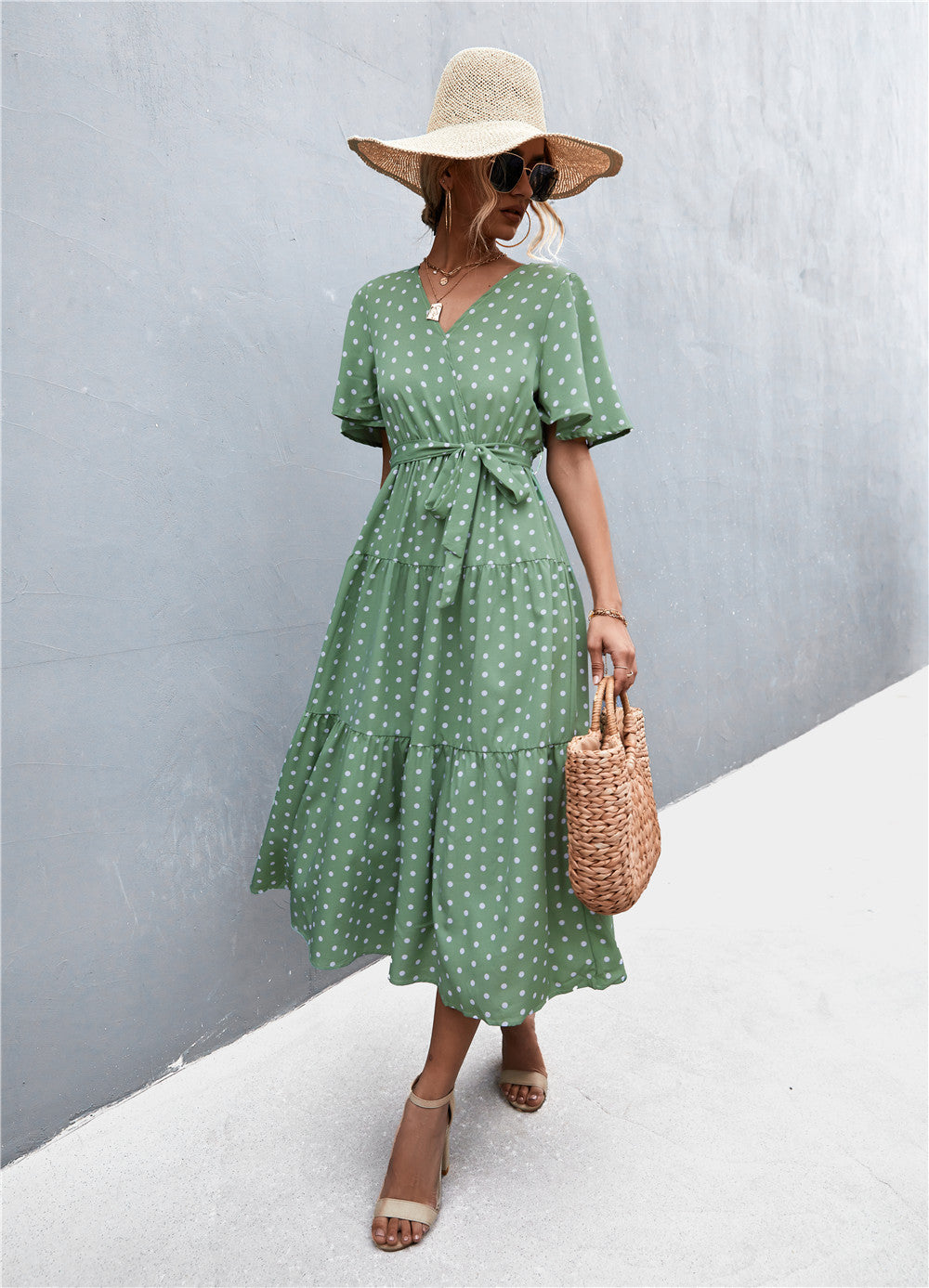 Printed V-Neck Flutter Sleeve Belted Dress