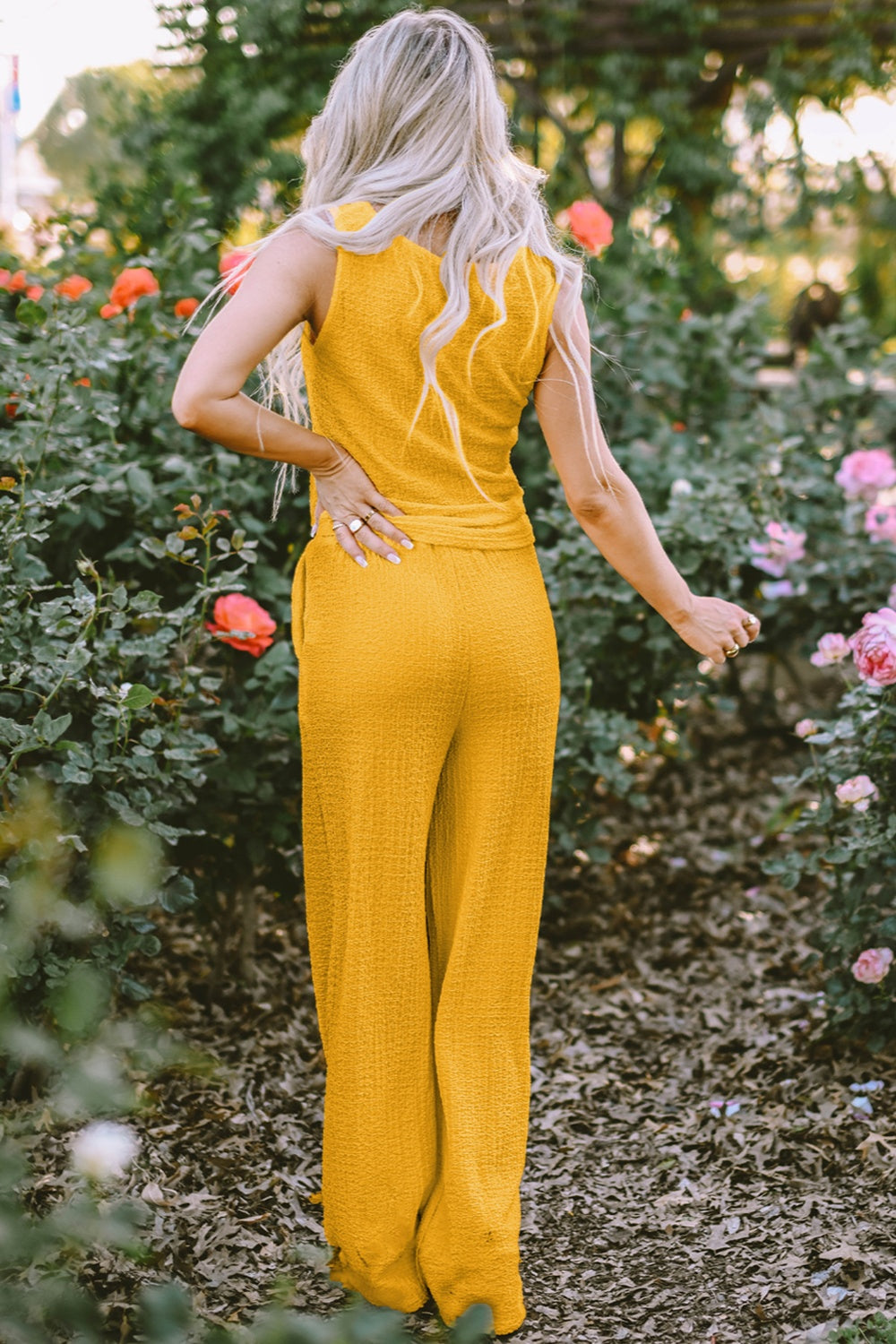 Textured Round Neck Top and Wide Leg Pants Set