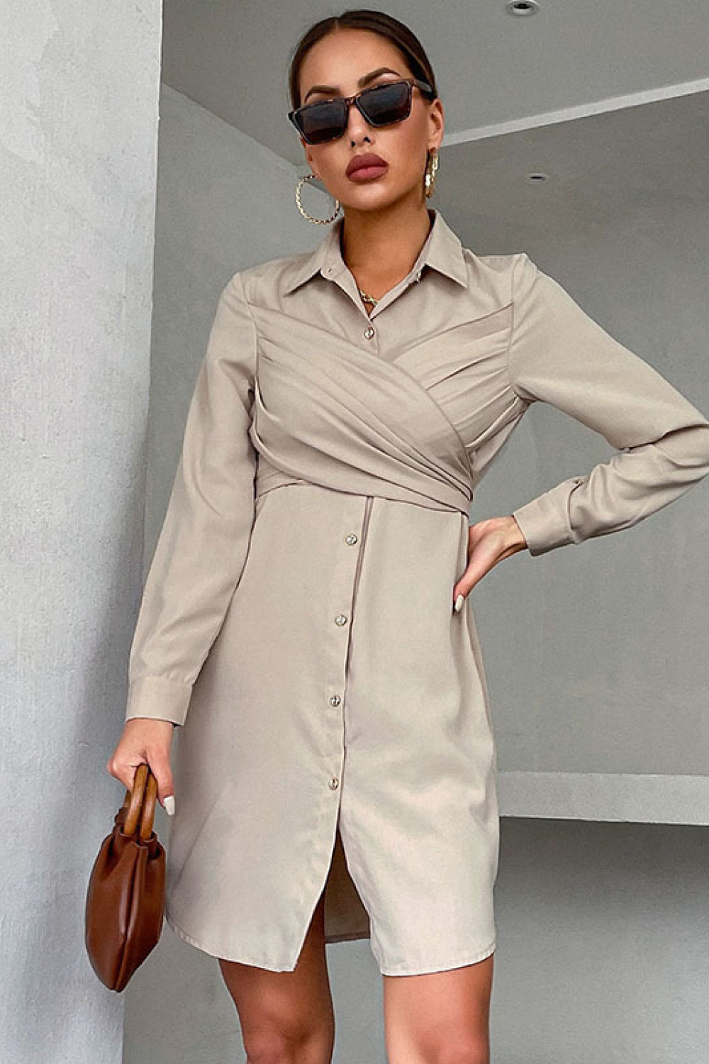 Perfee Crisscross Tie-Back Curved Hem Shirt Dress