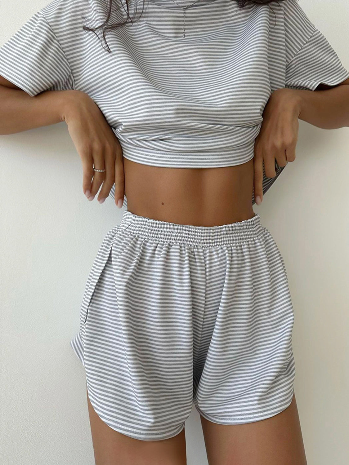 Striped Round Neck Top and Shorts Set