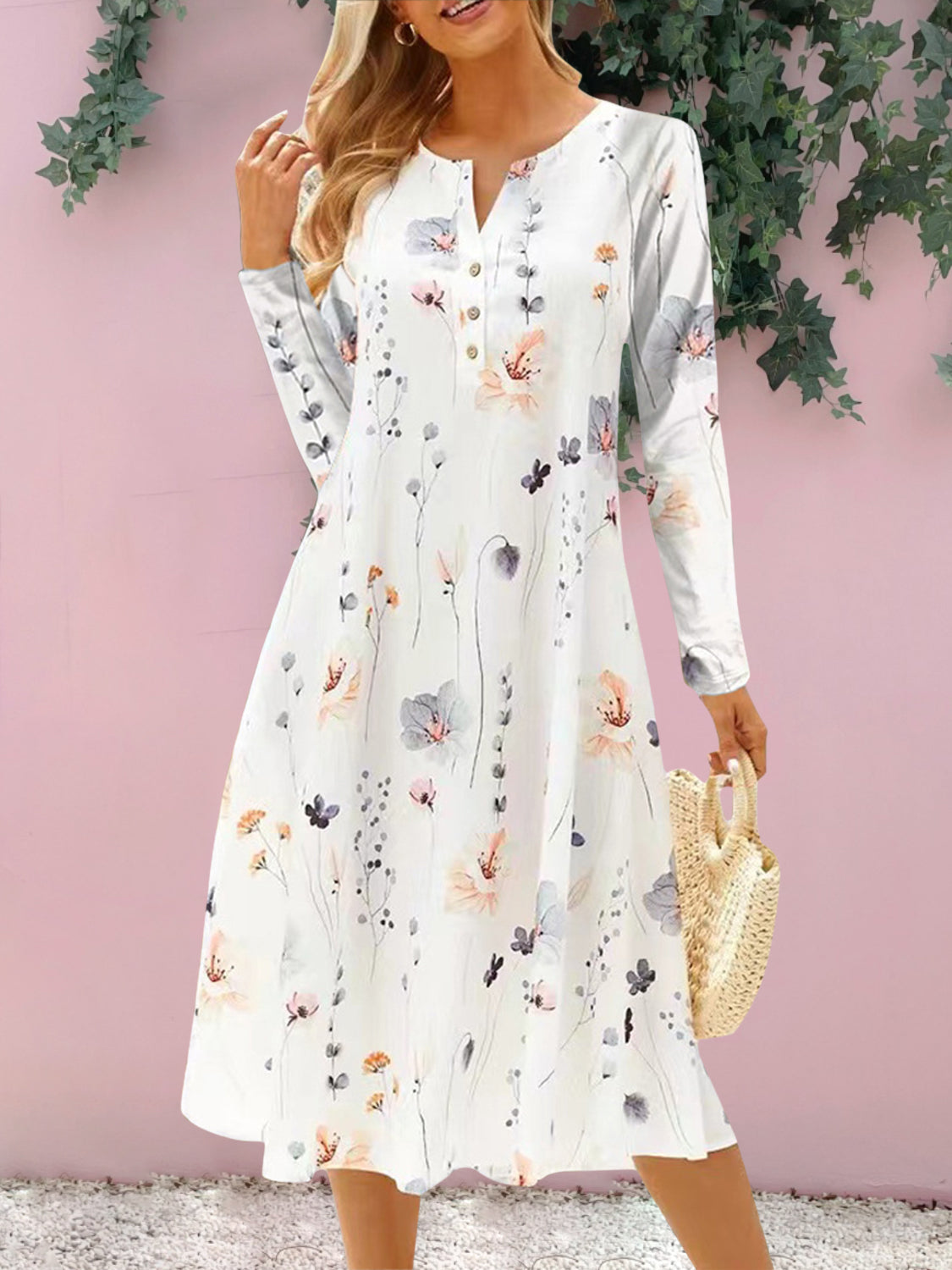 Vestido midi de manga larga con muescas y estampado floral