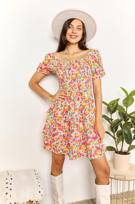 Devine Smocked Sweetheart Neck Flounce Sleeve Mini Dress