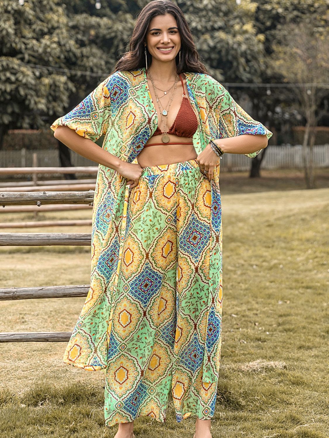 Printed Half Sleeve Top and Wide Leg Pants Set