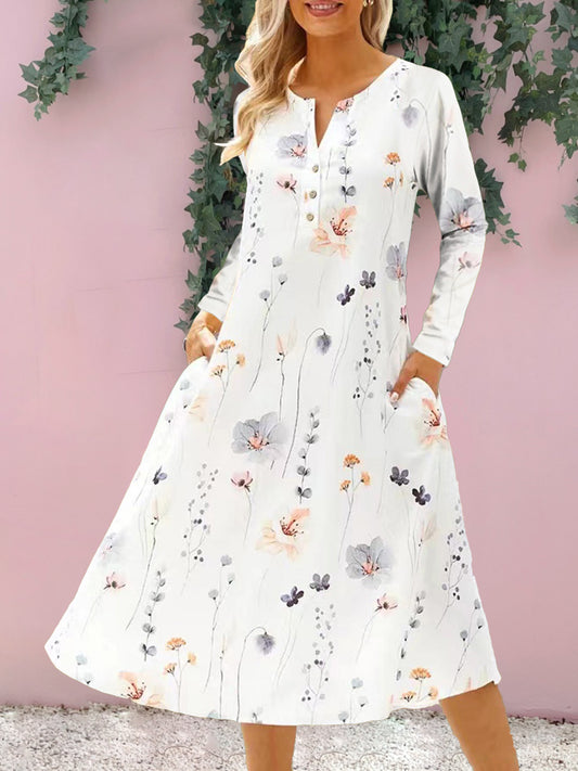 Vestido midi de manga larga con muescas y estampado floral