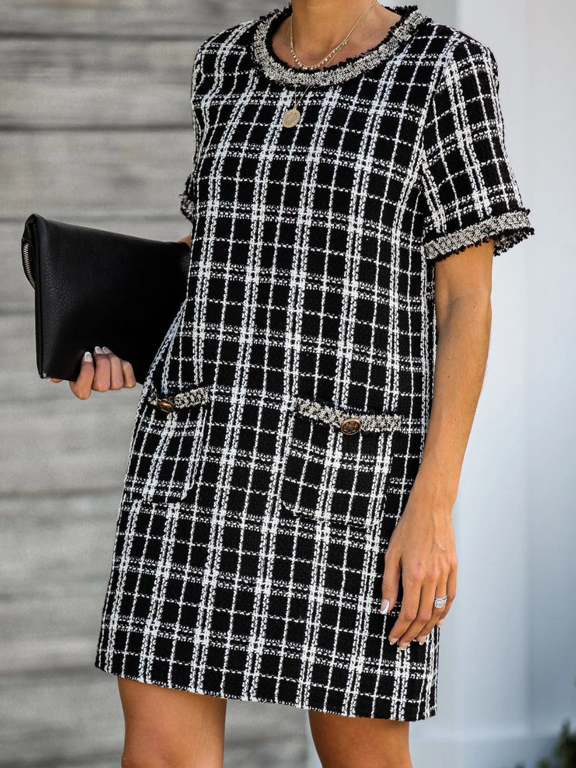 MeiMei Pocketed Plaid Round Neck Short Sleeve Dress