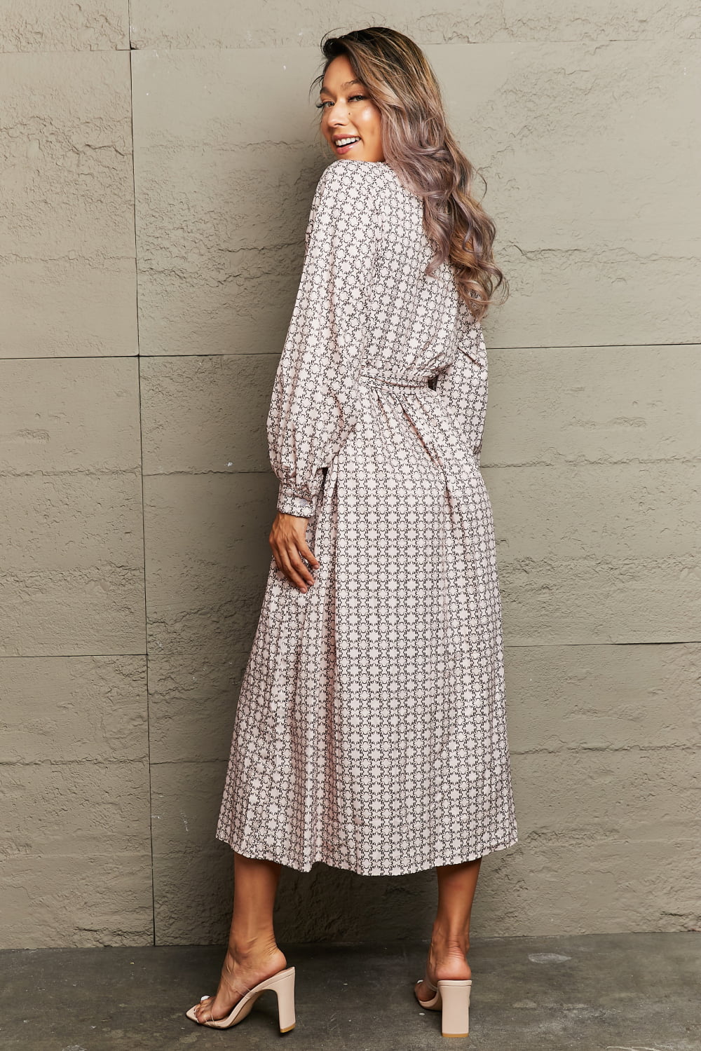 Perfee Printed Tie Waist Long Sleeve Dress