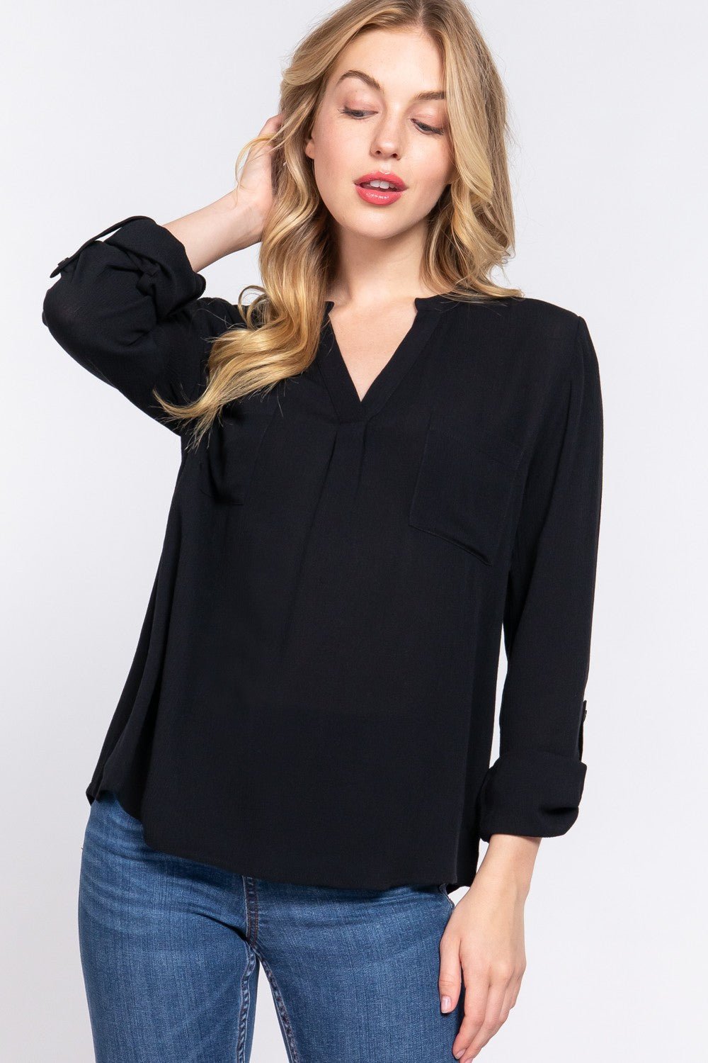 ACTIVE BASIC Full Size Notched Long Sleeve Woven Top - Runway Regalia