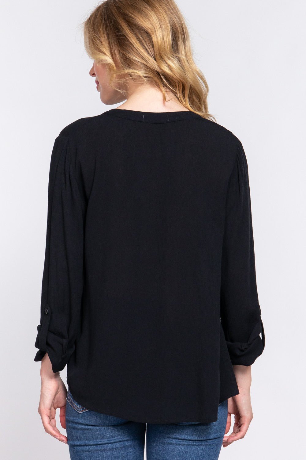 ACTIVE BASIC Full Size Notched Long Sleeve Woven Top - Runway Regalia