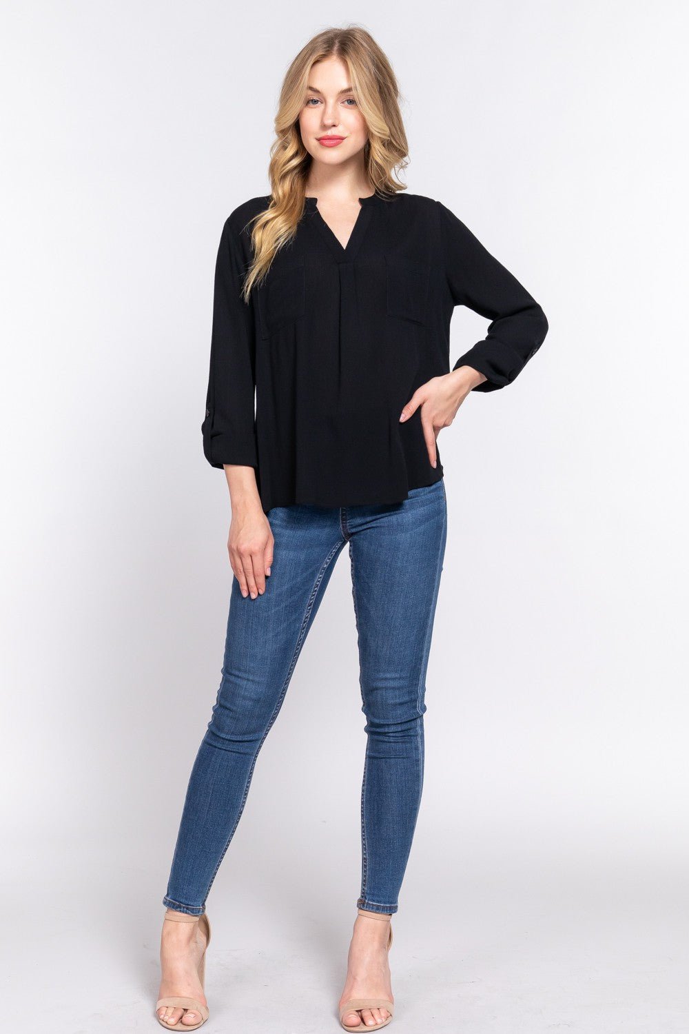 ACTIVE BASIC Full Size Notched Long Sleeve Woven Top - Runway Regalia