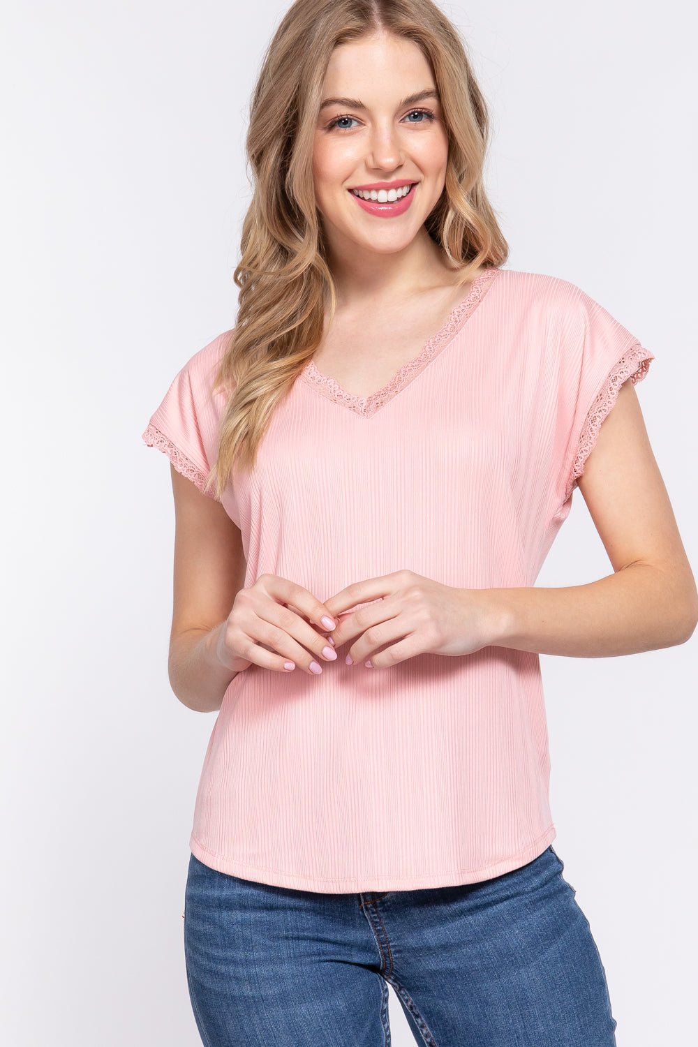 ACTIVE BASIC Lace Trim V - Neck Short Sleeve Ribbed Top - Runway Regalia