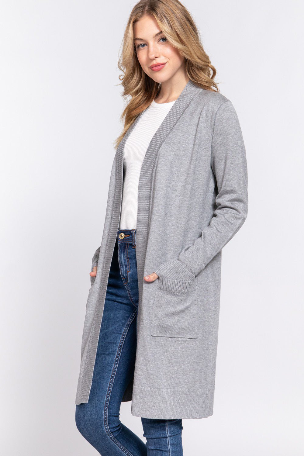 ACTIVE BASIC Open Front Rib Trim Long Sleeve Knit Cardigan - Runway Regalia