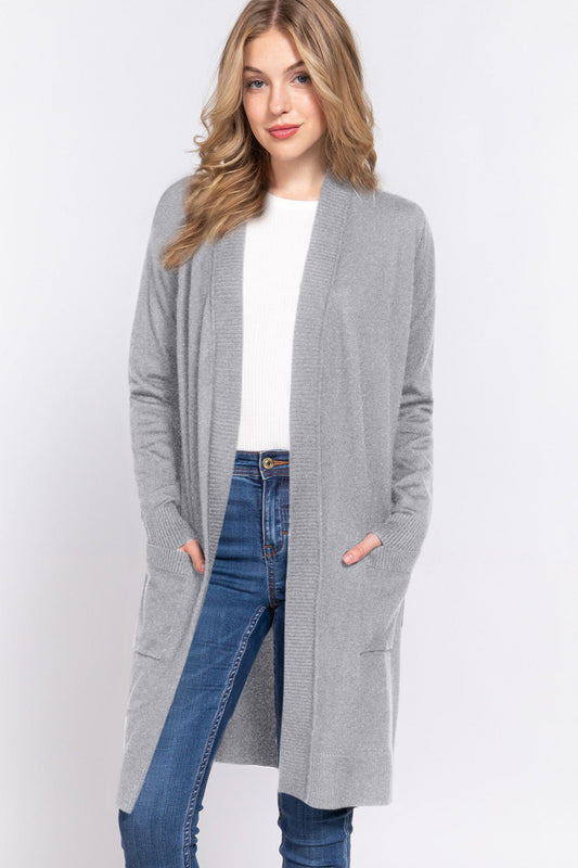 ACTIVE BASIC Open Front Rib Trim Long Sleeve Knit Cardigan - Runway Regalia