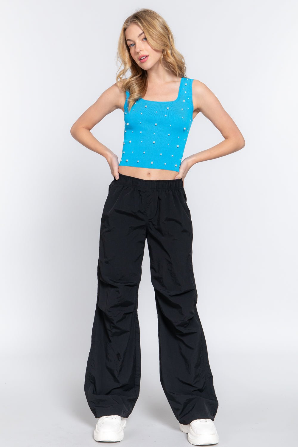 ACTIVE BASIC Pearl Detail Square Neck Cropped Tank - Runway Regalia