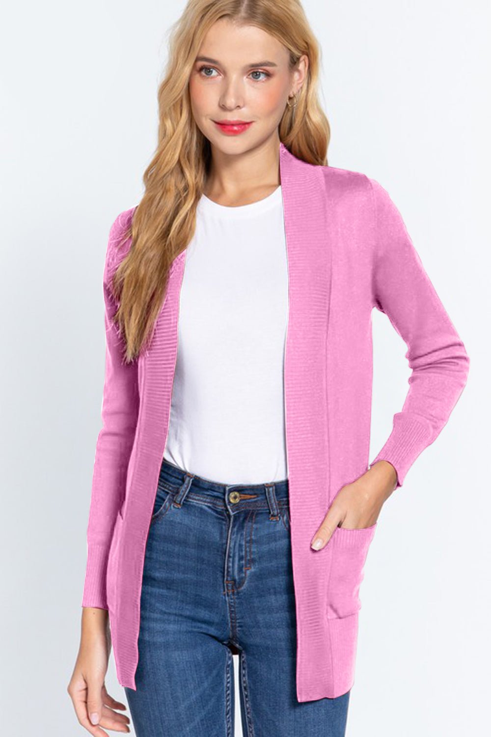 ACTIVE BASIC Ribbed Trim Open Front Cardigan - Runway Regalia