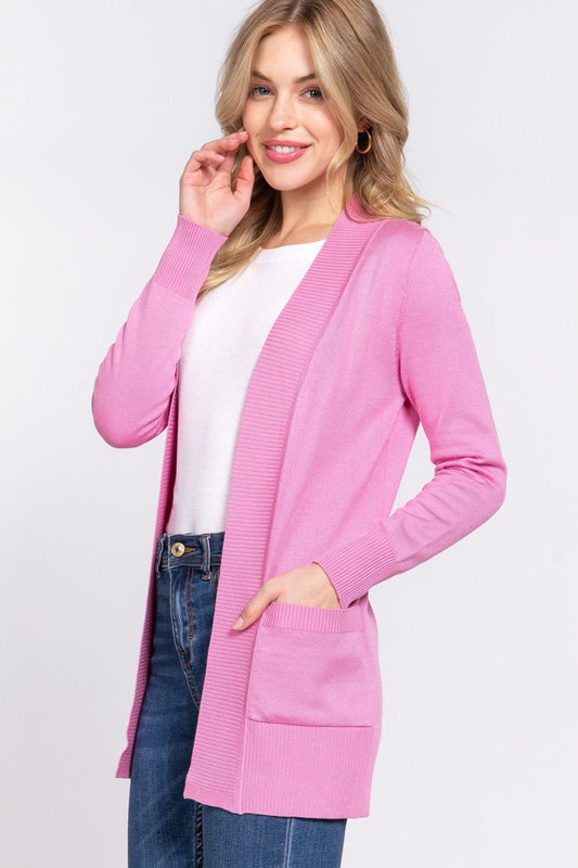 ACTIVE BASIC Ribbed Trim Open Front Cardigan - Runway Regalia