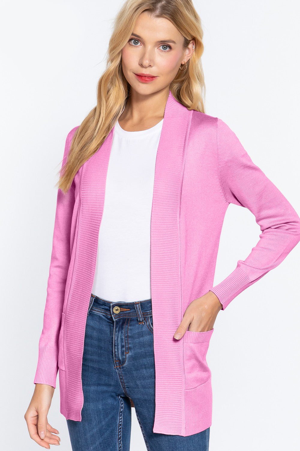 ACTIVE BASIC Ribbed Trim Open Front Cardigan - Runway Regalia