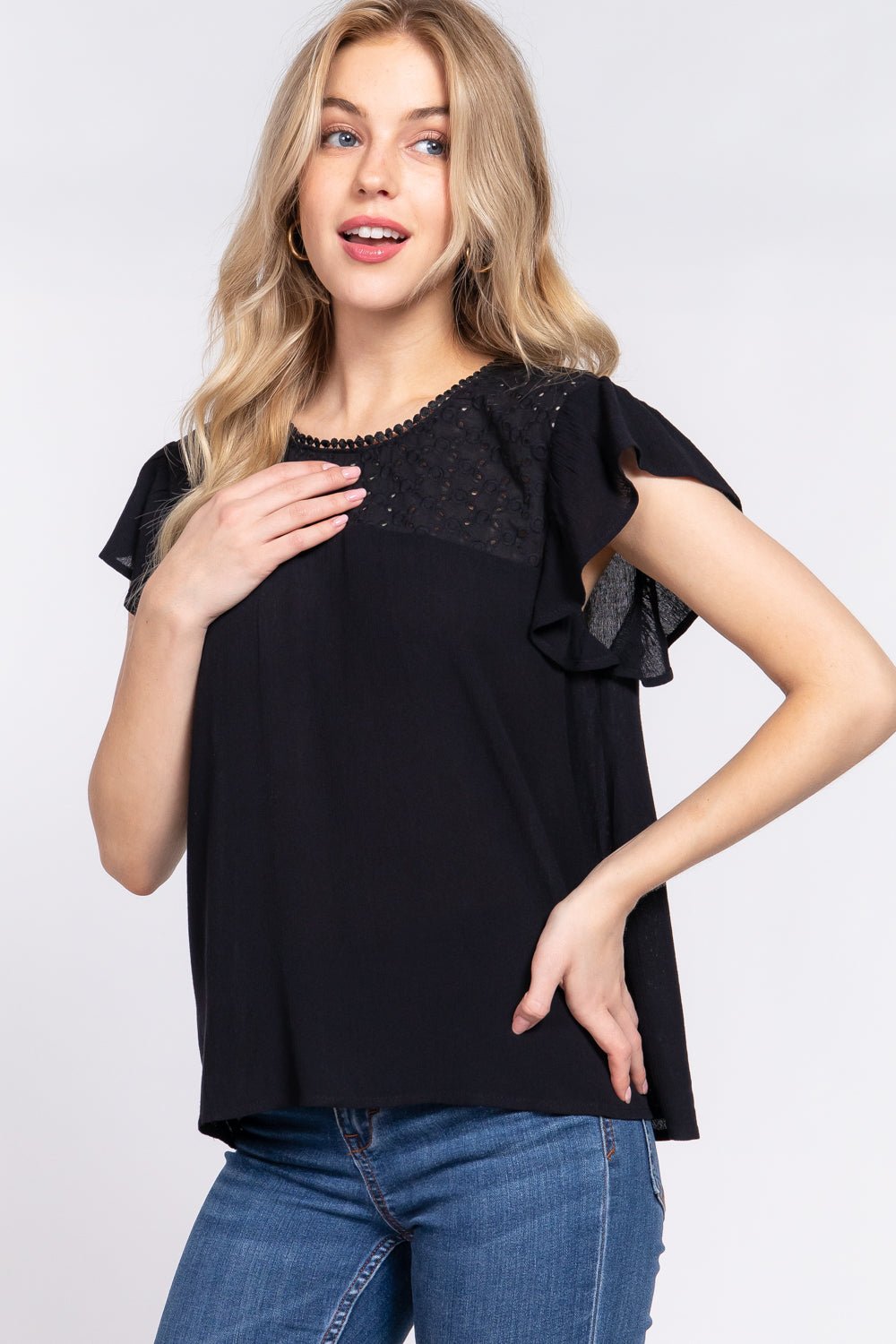 ACTIVE BASIC Ruffle Short Sleeve Crochet Blouse - Runway Regalia