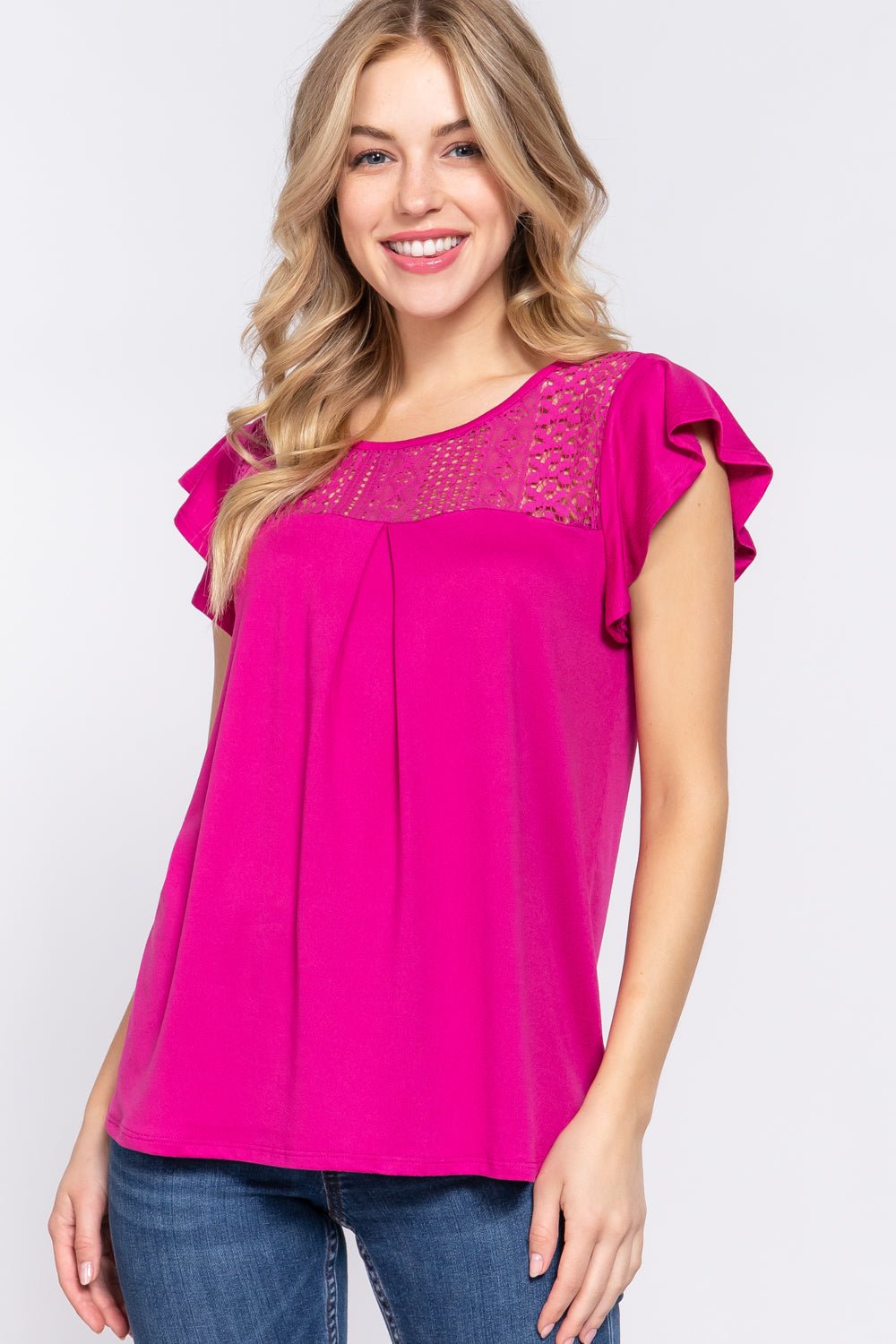 ACTIVE BASIC Ruffle Short Sleeve Lace Detail Knit Top - Runway Regalia