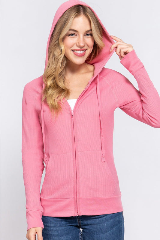 ACTIVE BASIC Waffle Knit Drawstring Zip Up Long Sleeve Hoodie - Runway Regalia