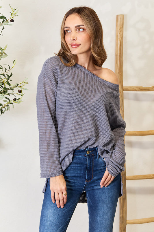 Waffle-Knit Round Neck Long Sleeve Slit Sweatshirt