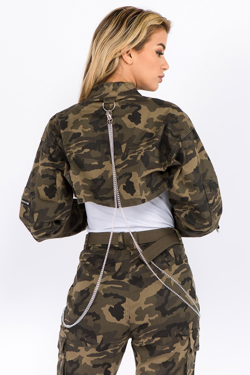 American Bazi Camouflage Cropped Jacket with Chains - Runway Regalia