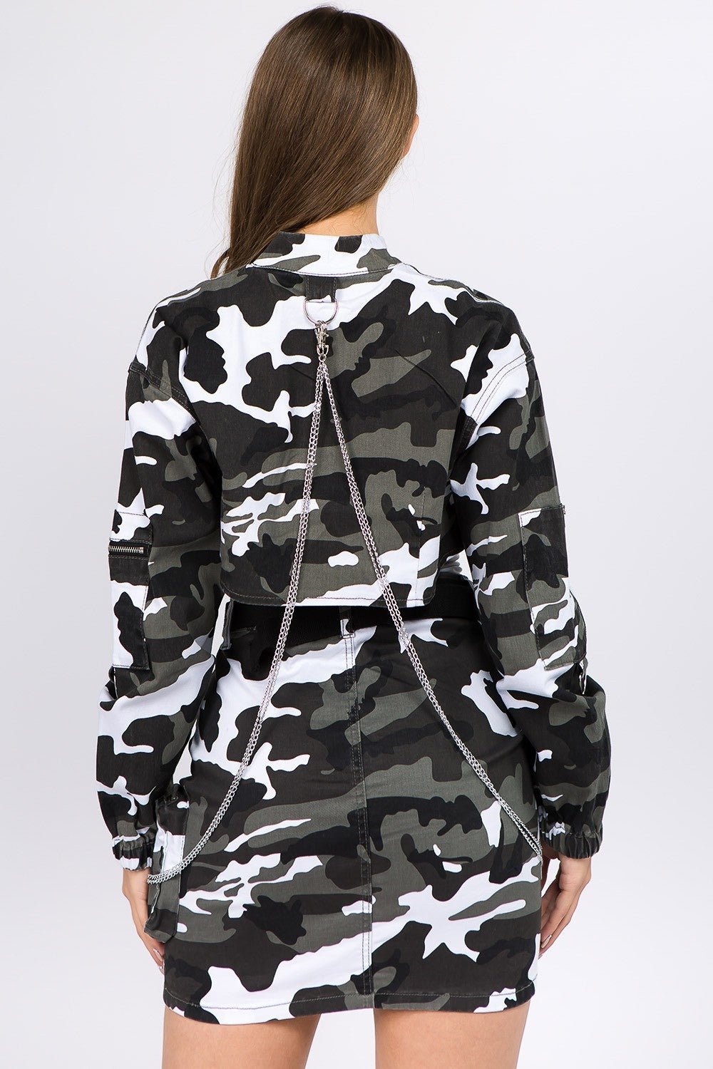 American Bazi Camouflage Cropped Jacket with Chains - Runway Regalia