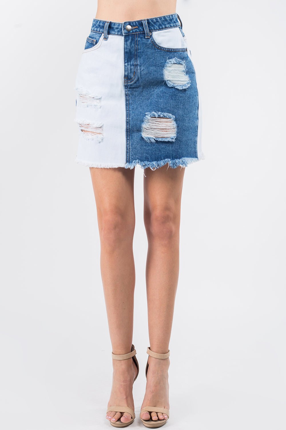 American Bazi Contrast Patched Frayed Denim Distressed Skirts - Runway Regalia