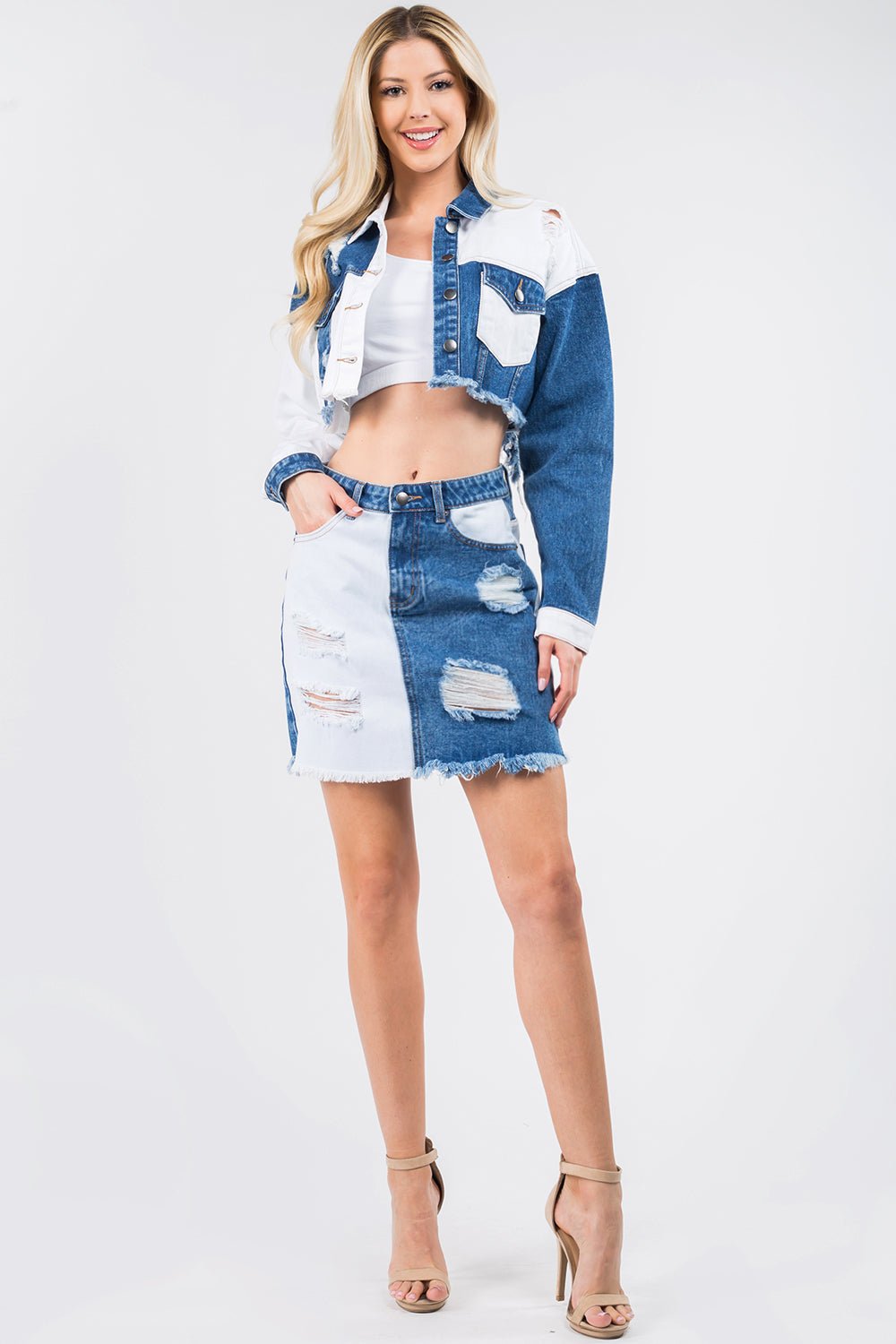 American Bazi Contrast Patched Frayed Denim Distressed Skirts - Runway Regalia