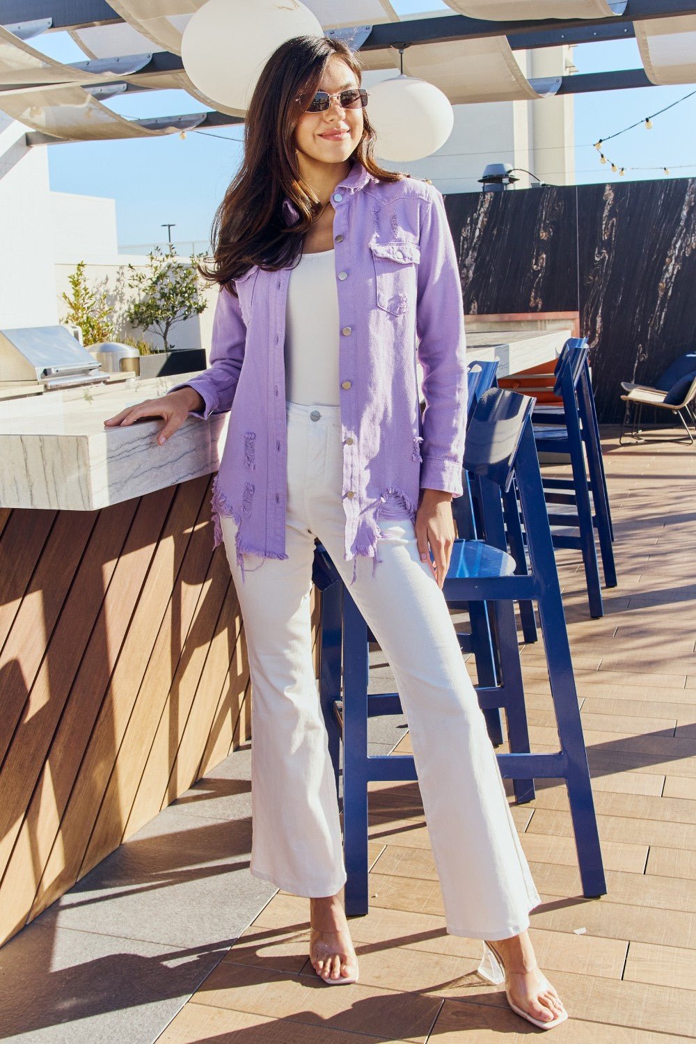 American Bazi Full Size Distressed Button Down Denim Jacket in Lavender - Runway Regalia