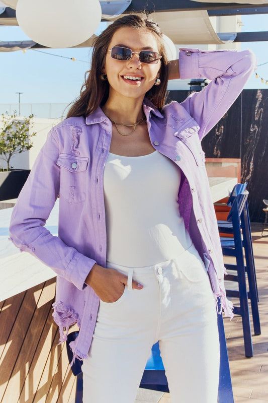 American Bazi Full Size Distressed Button Down Denim Jacket in Lavender - Runway Regalia