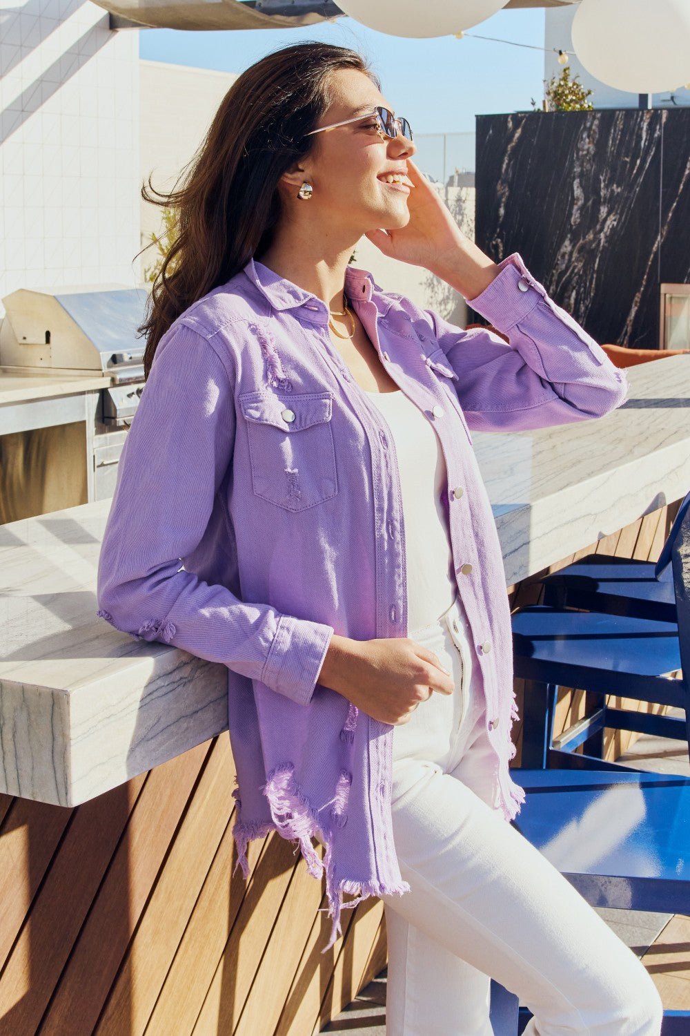 American Bazi Full Size Distressed Button Down Denim Jacket in Lavender - Runway Regalia