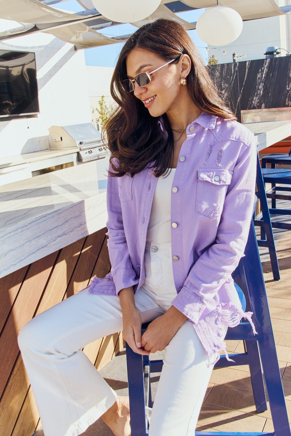 American Bazi Full Size Distressed Button Down Denim Jacket in Lavender - Runway Regalia