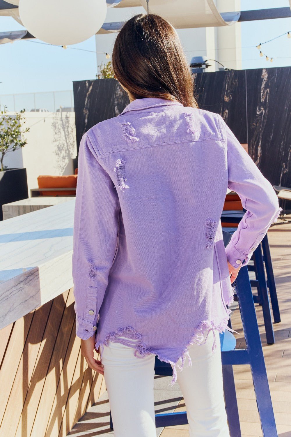 American Bazi Full Size Distressed Button Down Denim Jacket in Lavender - Runway Regalia