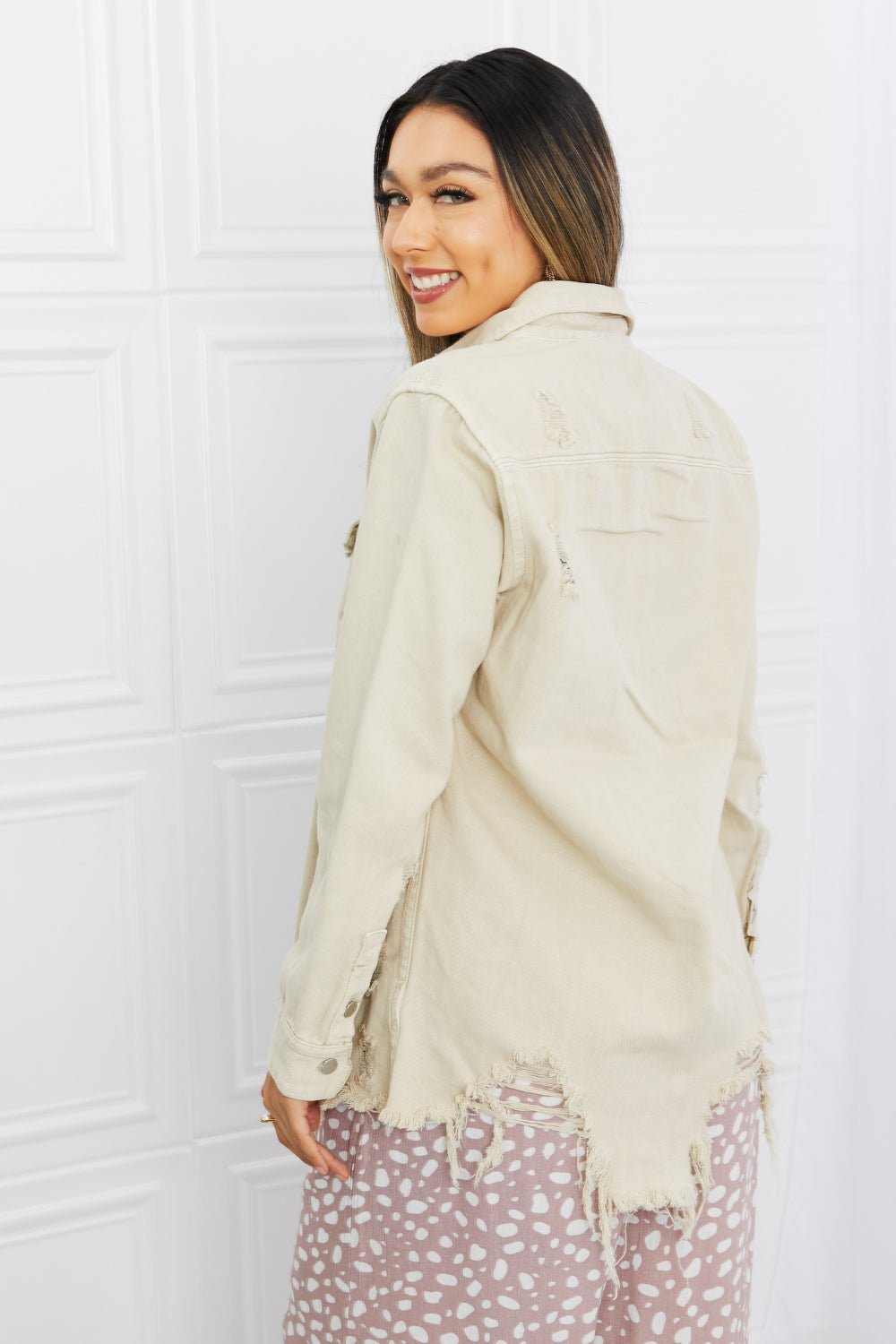 American Bazi Full Size Distressed Button Down Denim Jacket in Sand - Runway Regalia