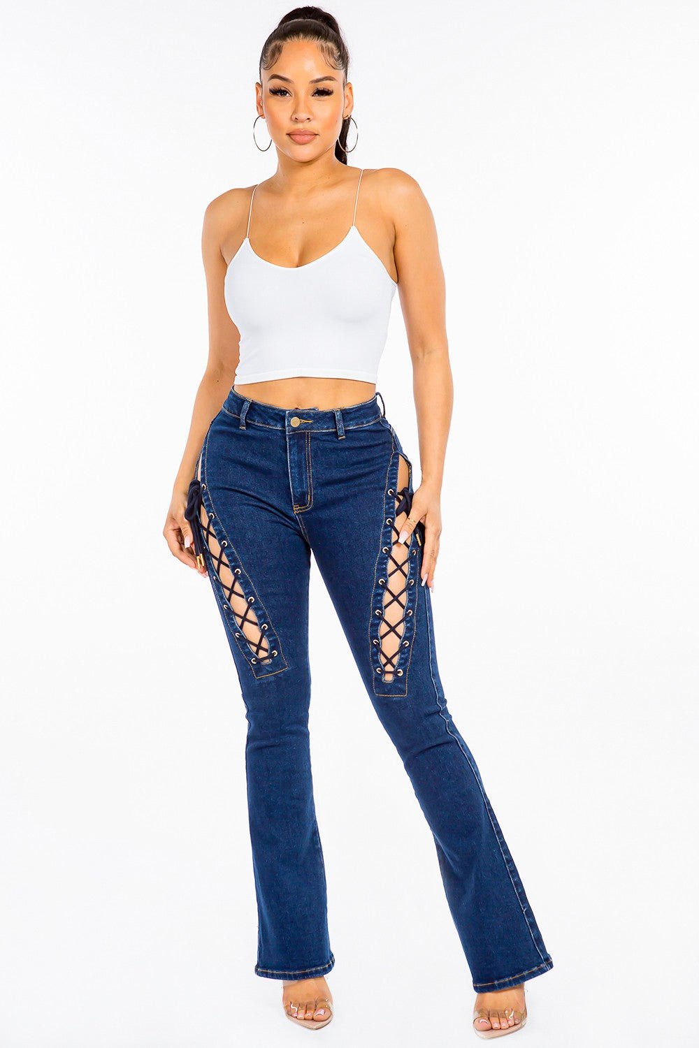 American Bazi High Rise Lace Up Jeans - Runway Regalia