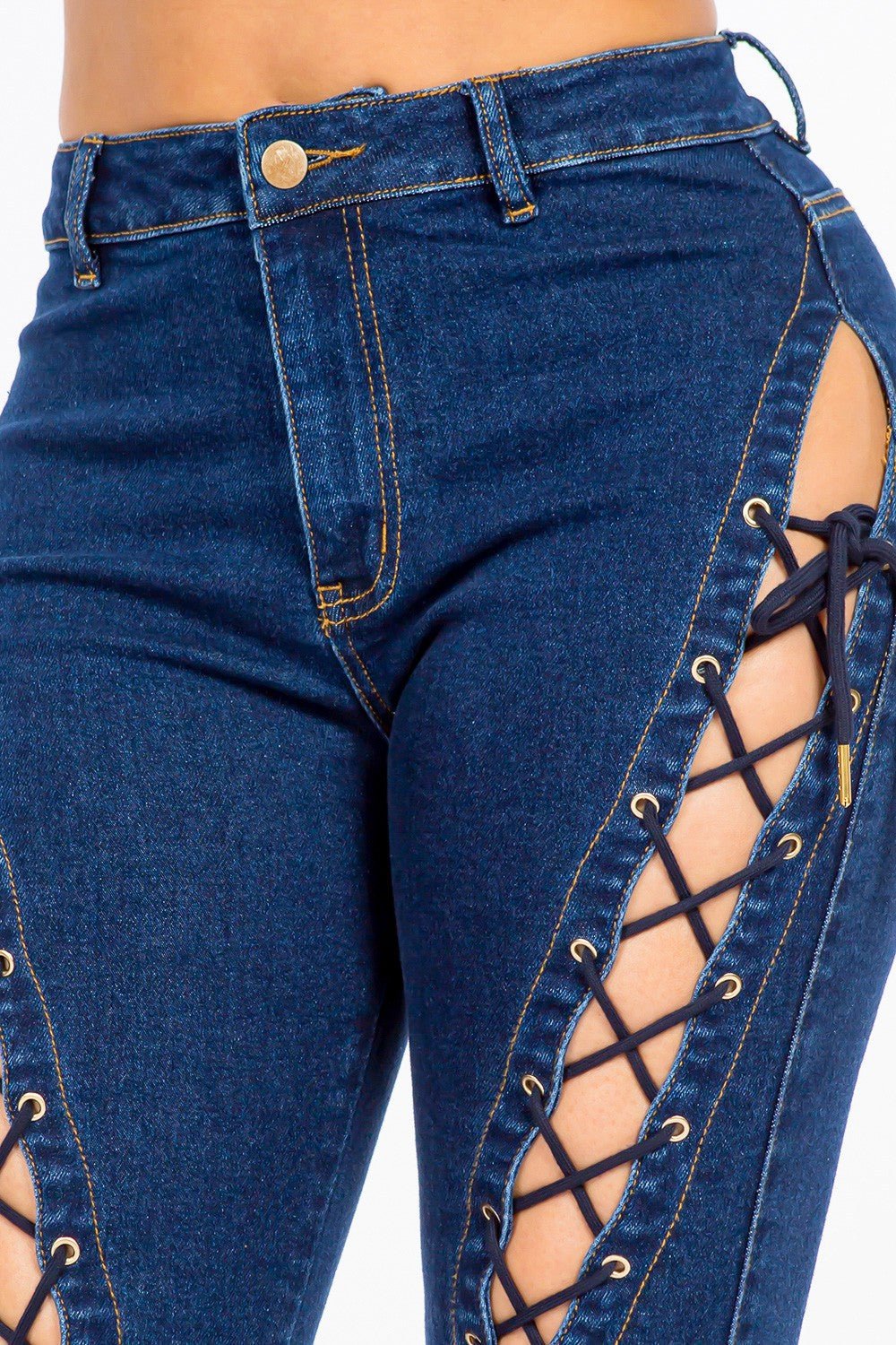 American Bazi High Rise Lace Up Jeans - Runway Regalia