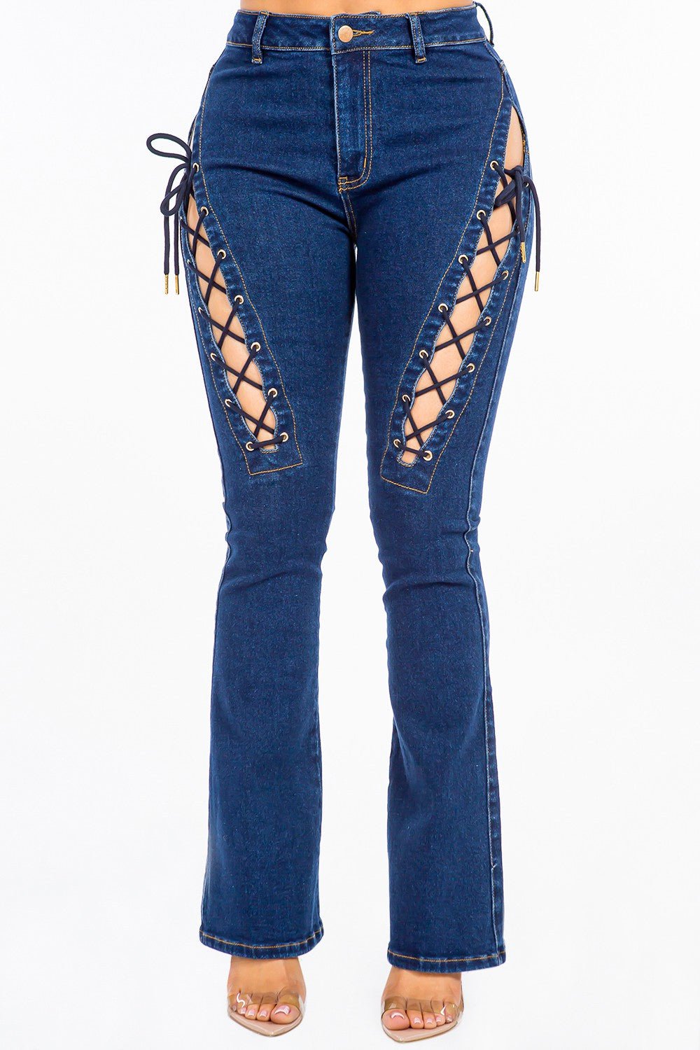 American Bazi High Rise Lace Up Jeans - Runway Regalia