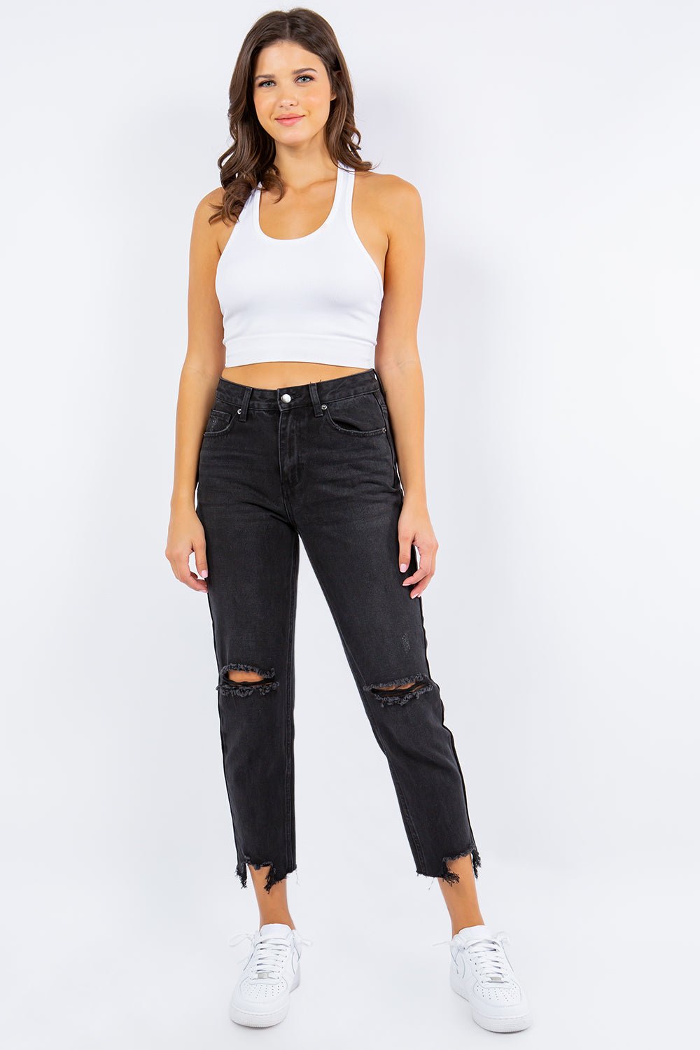 American Bazi High Waist Distressed Cropped Straight Jeans - Runway Regalia