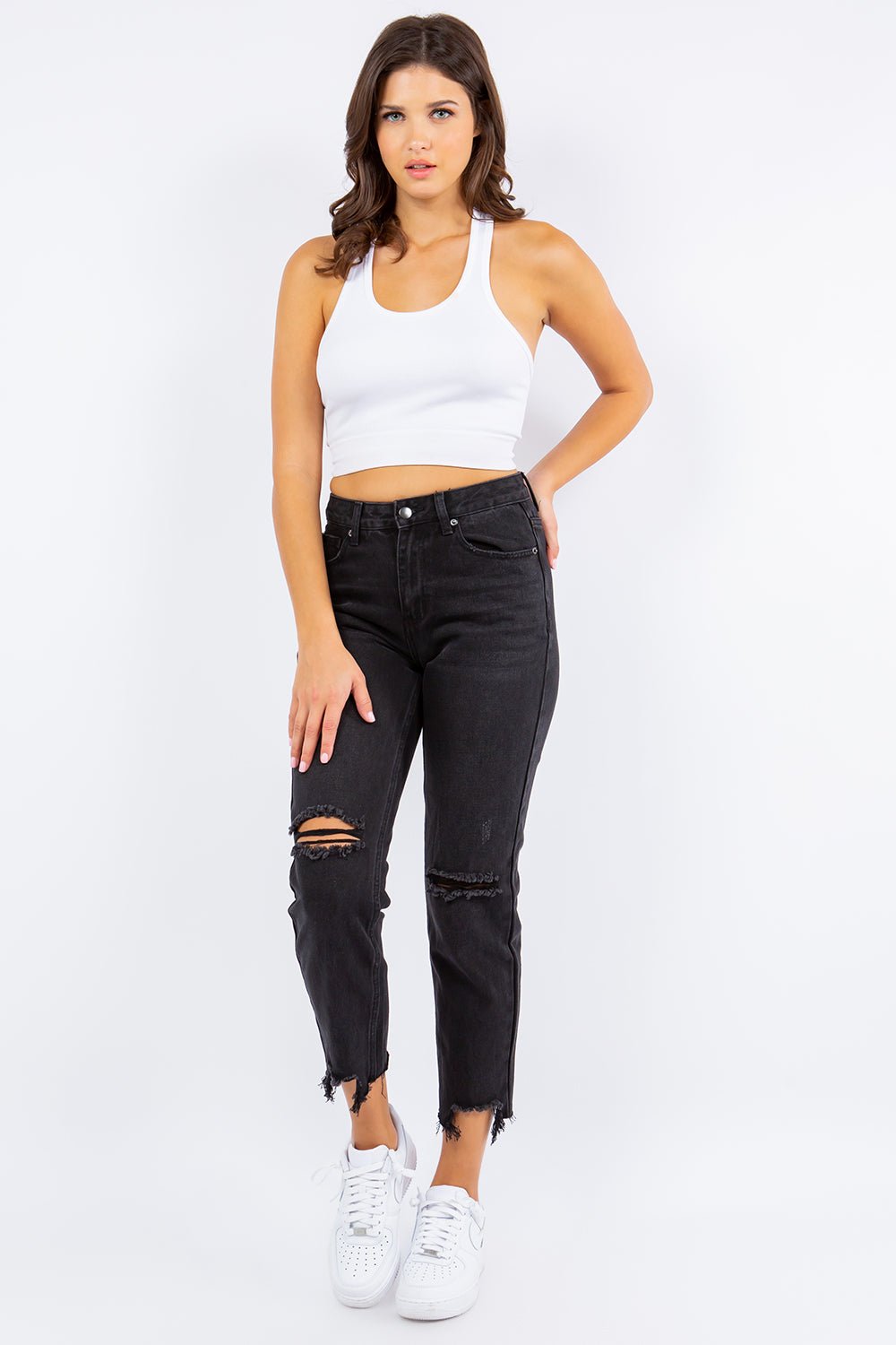 American Bazi High Waist Distressed Cropped Straight Jeans - Runway Regalia