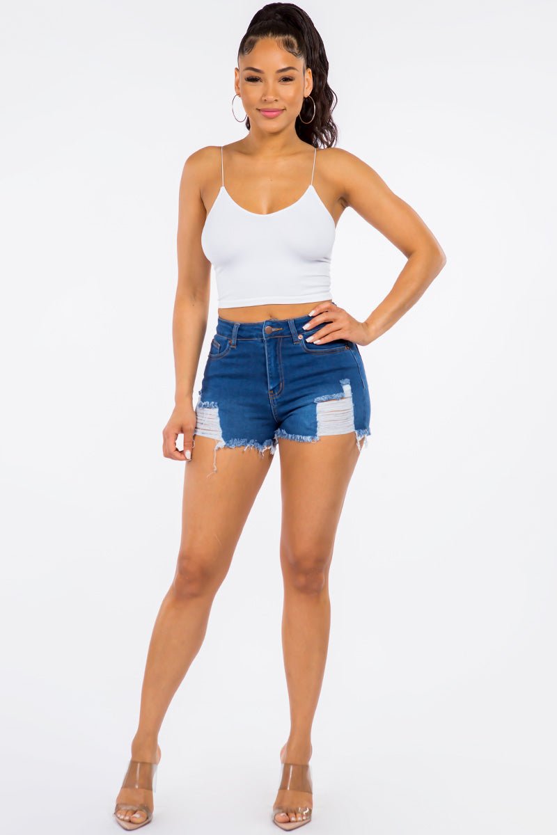 American Bazi High Waist Distressed Denim Shorts - Runway Regalia