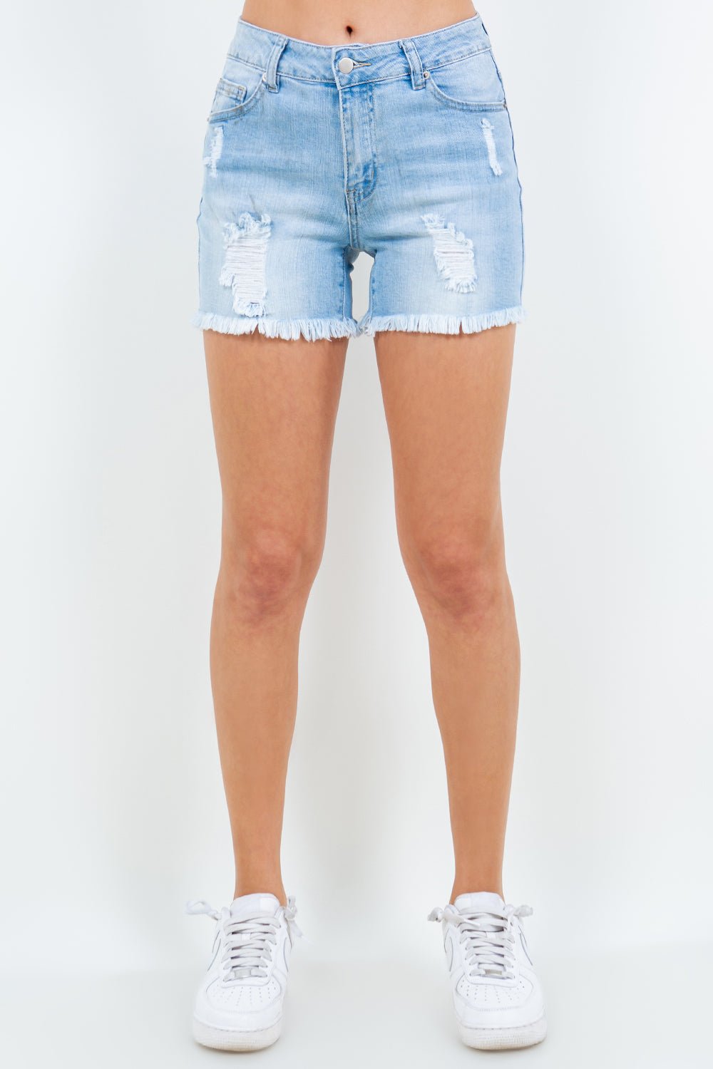 American Bazi High Waist Distressed Frayed Denim Shorts - Runway Regalia