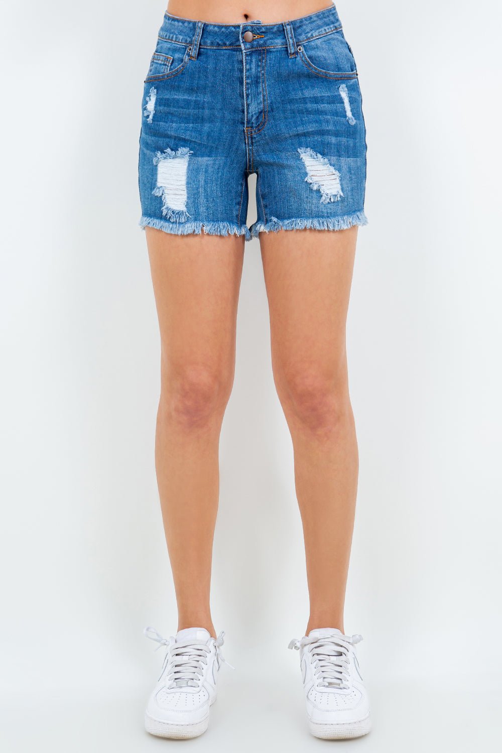 American Bazi High Waist Distressed Frayed Denim Shorts - Runway Regalia