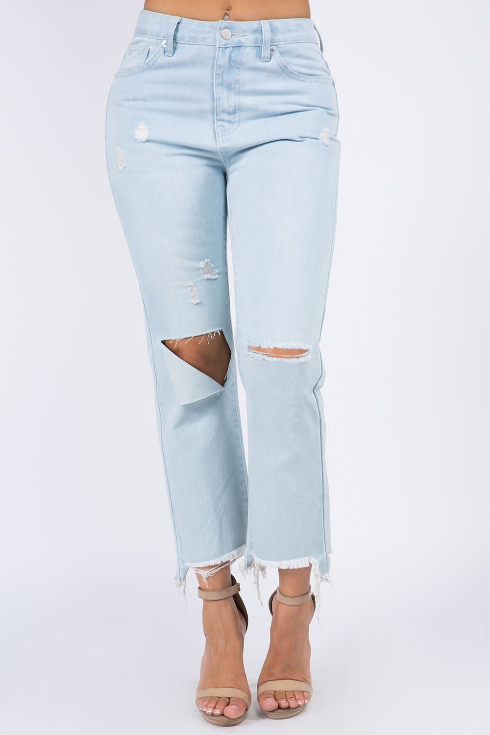 American Bazi High Waist Distressed Raw Hem Jeans - Runway Regalia