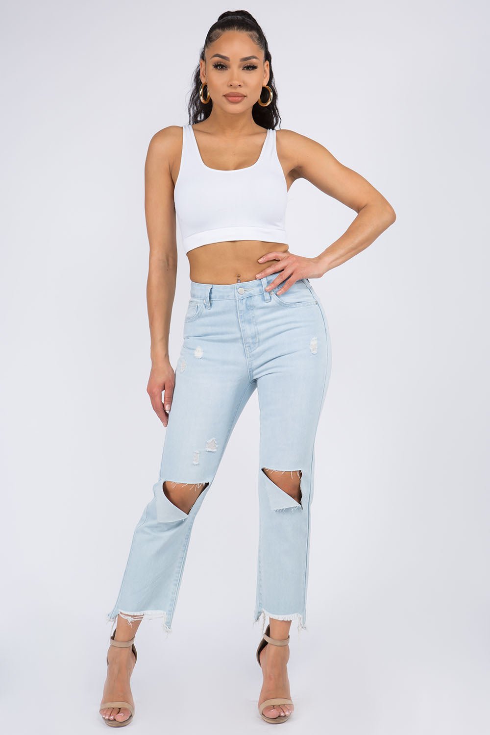 American Bazi High Waist Distressed Raw Hem Jeans - Runway Regalia