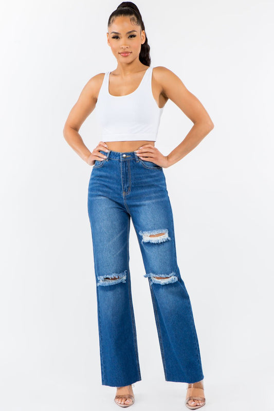 American Bazi High Waist Distressed Wide Leg Jeans - Runway Regalia